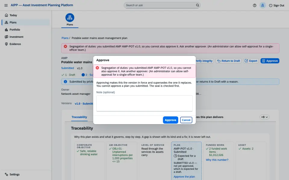 An approval dialog refusing an approval because the same person submitted the plan.